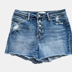 Vervet Denim High Rise Distressed Button Fly Jean Shorts Blue Sz L 28 Grunge